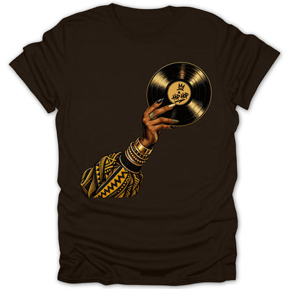 Brown t-shirt with illustration of a hand holding a vinyl record with "Hip-Hop" text.