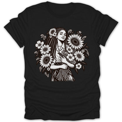 Black t-shirt with line art of woman with braids holding flowers and surrounded by sunflowers.