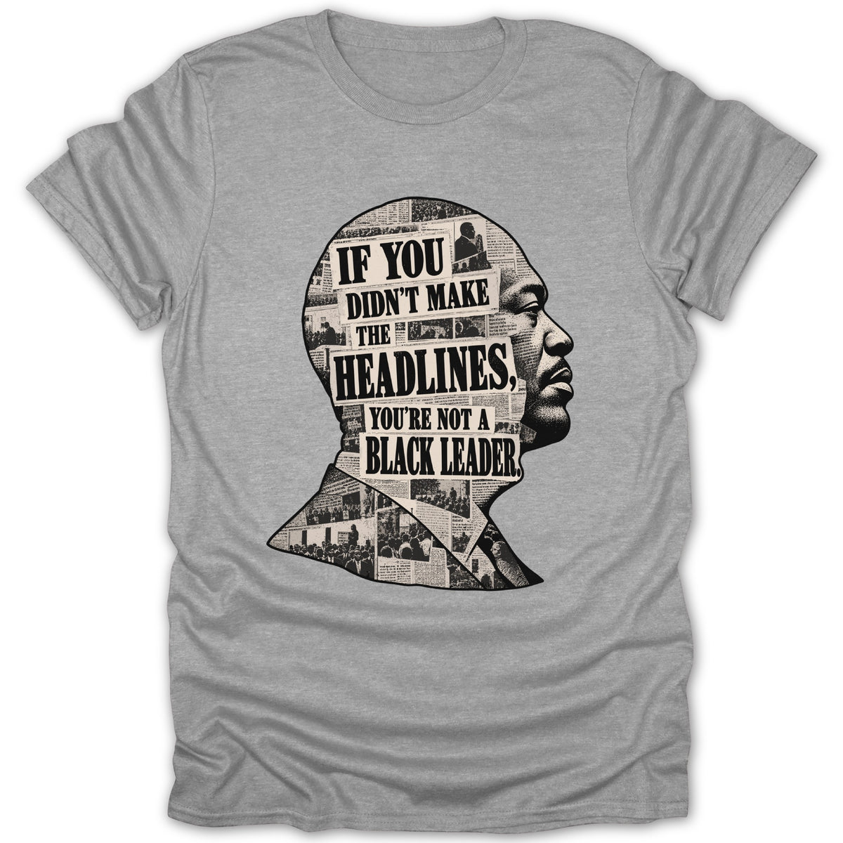 Grey t-shirt with black profile silhouette filled with newspaper clippings and text.