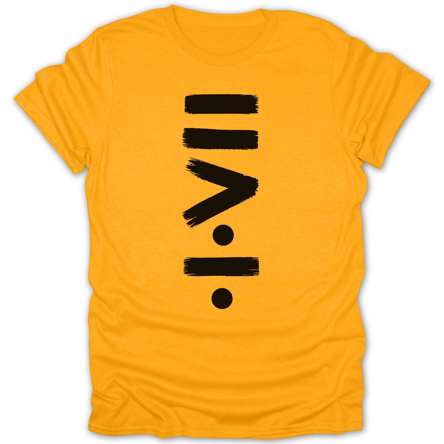 Yellow t-shirt with black brushed strokes forming abstract symbols resembling Roman numerals.