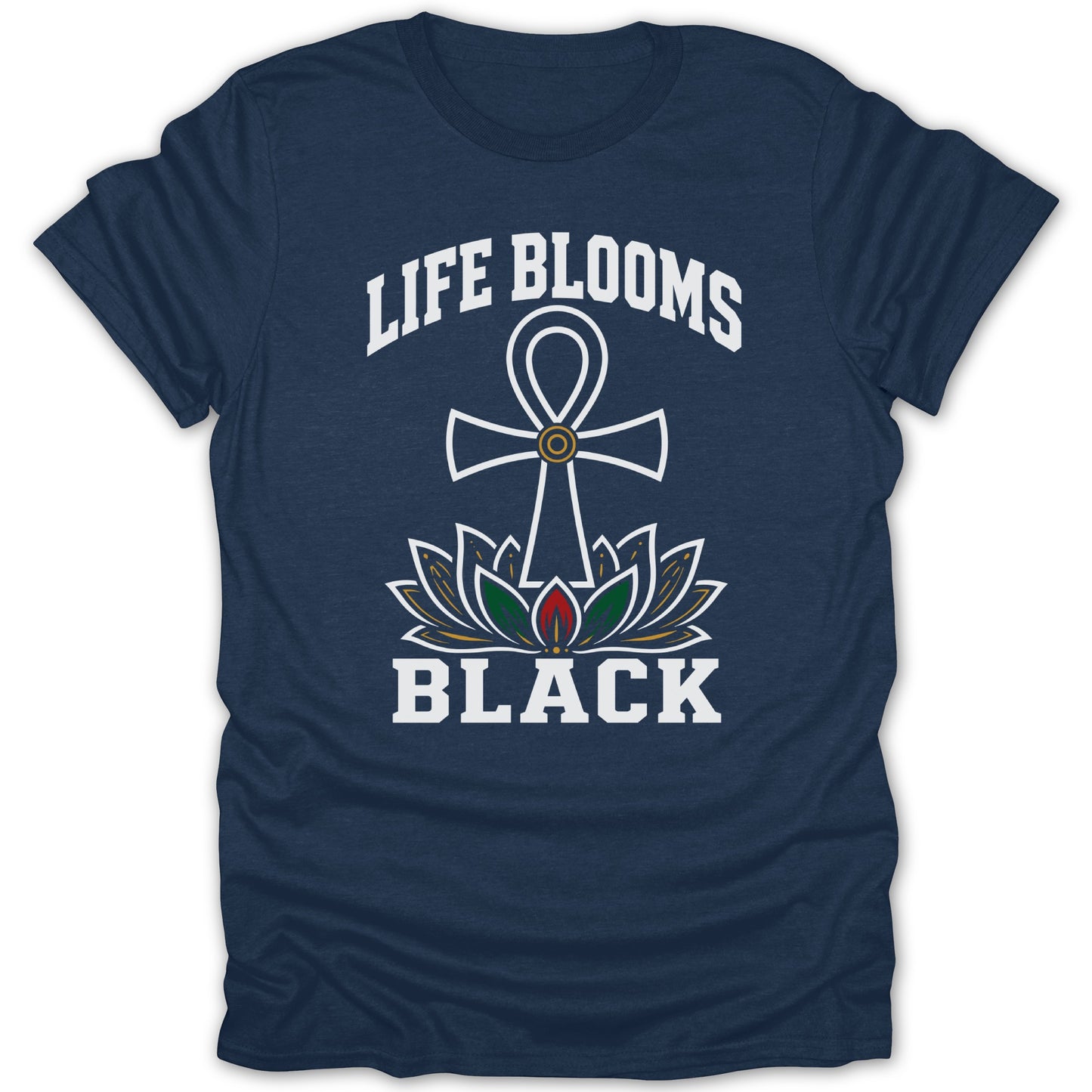 Navy t-shirt with an Ankh symbol over lotus flowers and the text "LIFE BLOOMS BLACK".