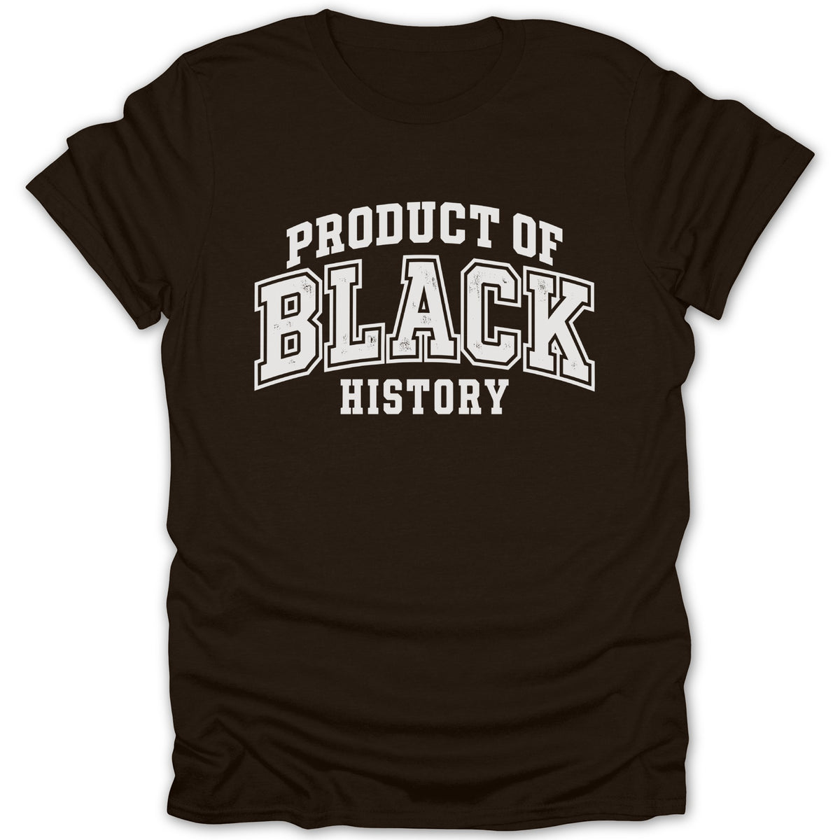 Brown t-shirt with white text "PRODUCT OF BLACK HISTORY"
