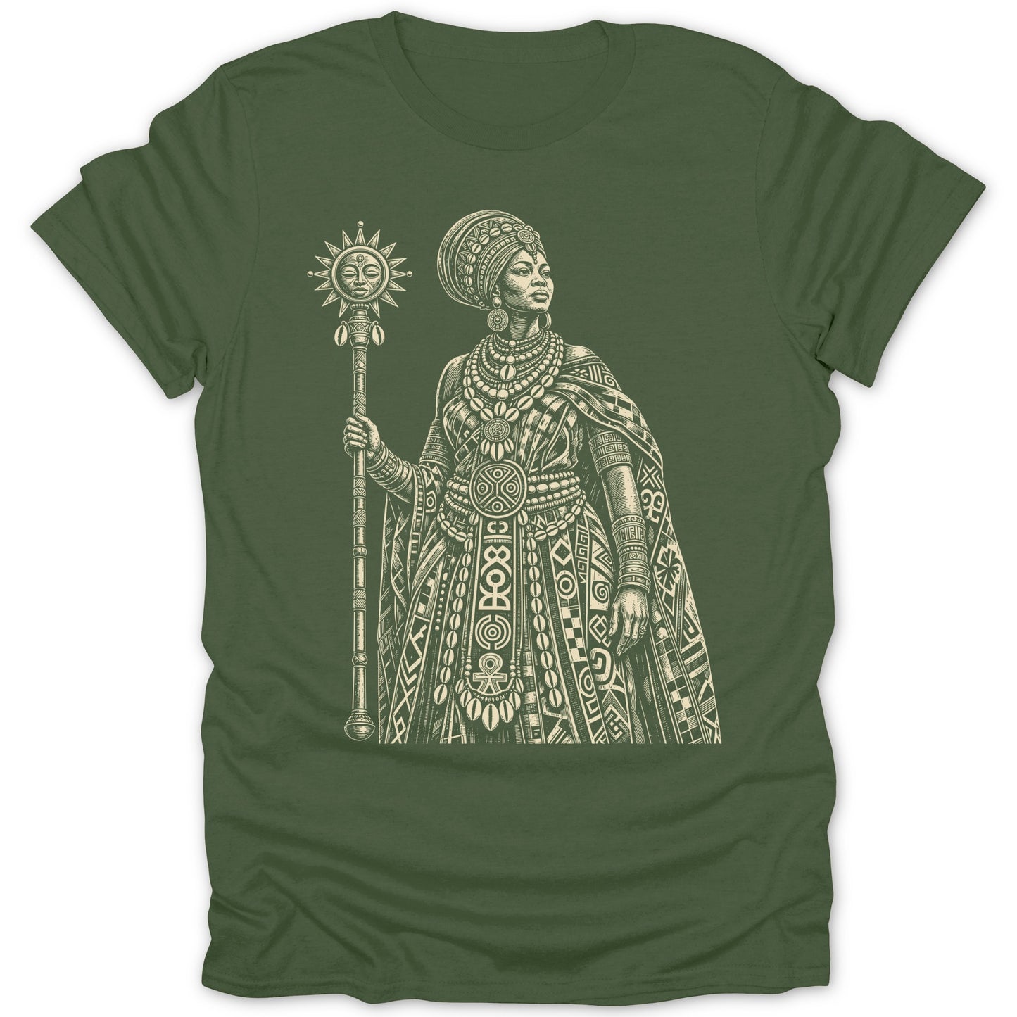 Green t-shirt featuring a monochrome illustration of a regal woman holding a sun staff.