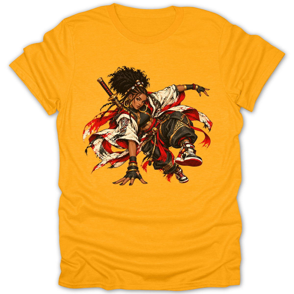 Yellow t-shirt featuring artwork of a dynamic female warrior with a katana.