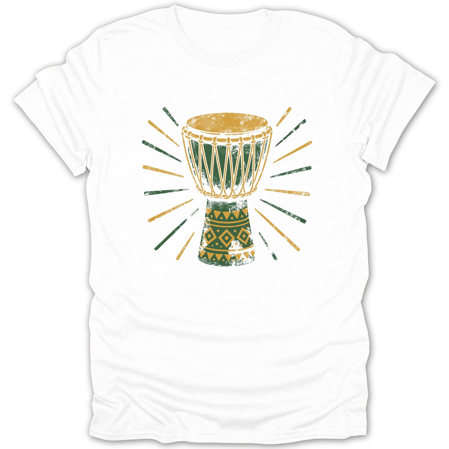 White t-shirt with distressed djembe drum graphic in green and gold.