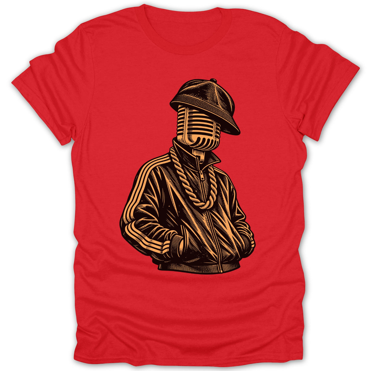 Red t-shirt with a graphic of a microphone wearing a hat and chain.