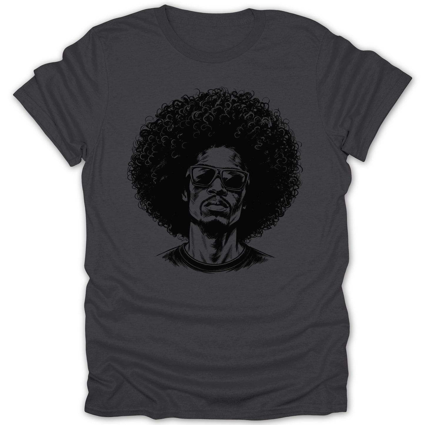 T-shirt with charcoal grey fabric featuring a black ink sketch of a man with an afro and sunglasses.
