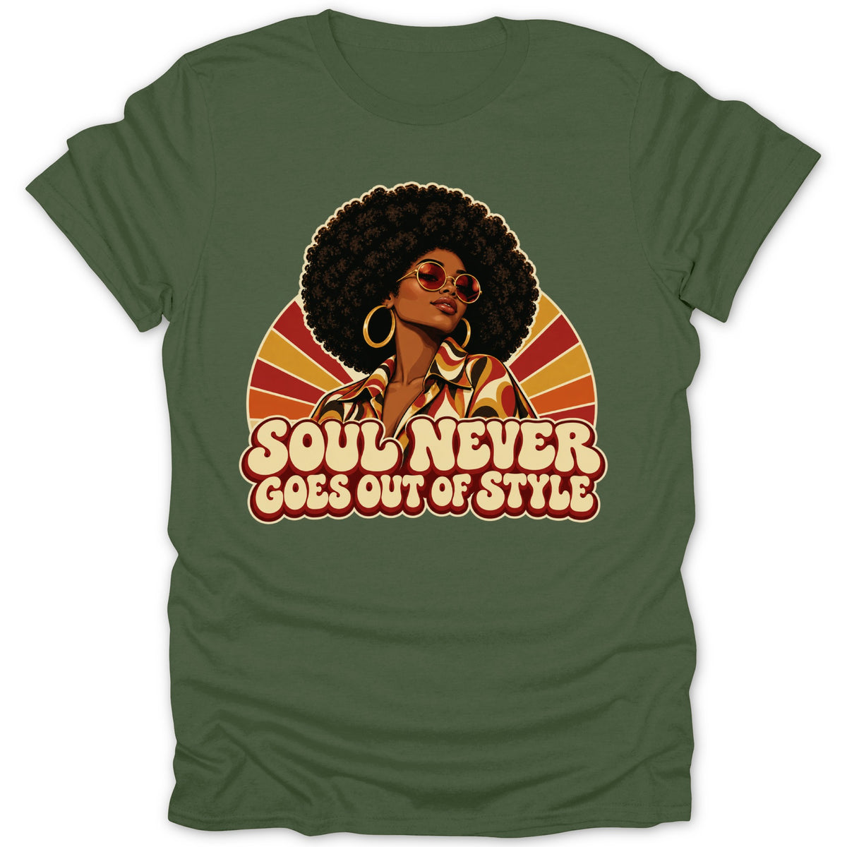 T-shirt with graphic of woman with afro, sunglasses, and text "SOUL NEVER GOES OUT OF STYLE".