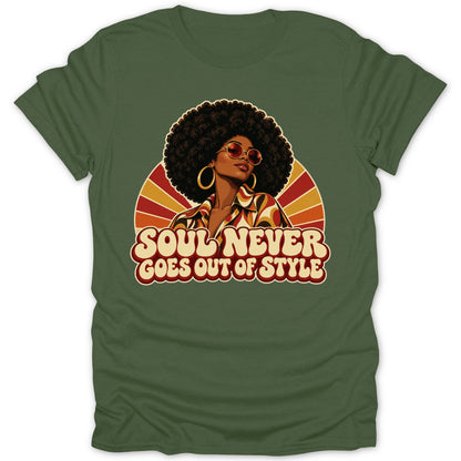 T-shirt with graphic of woman with afro, sunglasses, and text "SOUL NEVER GOES OUT OF STYLE".