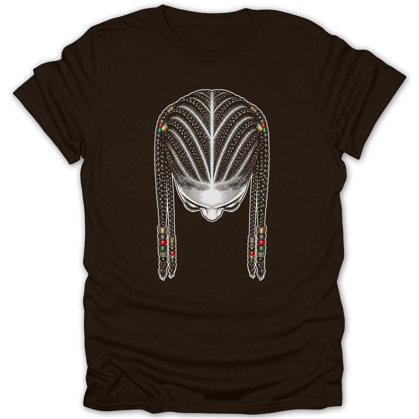 Brown t-shirt with a graphic of a person's head with braided hair and colorful beads.