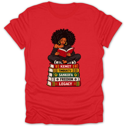 Black woman reading on stack of books: Kemet, Timbuktu, Sankofa, Freedom, Legacy.