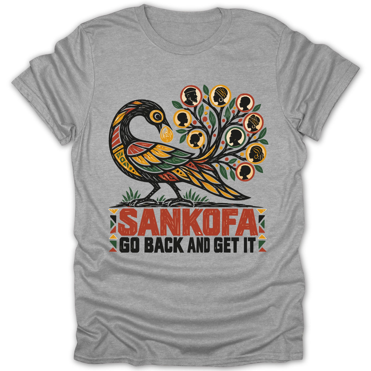 Colorful Sankofa bird graphic with African silhouettes on a grey t-shirt.