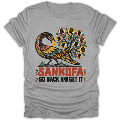 Colorful Sankofa bird graphic with African silhouettes on a grey t-shirt.
