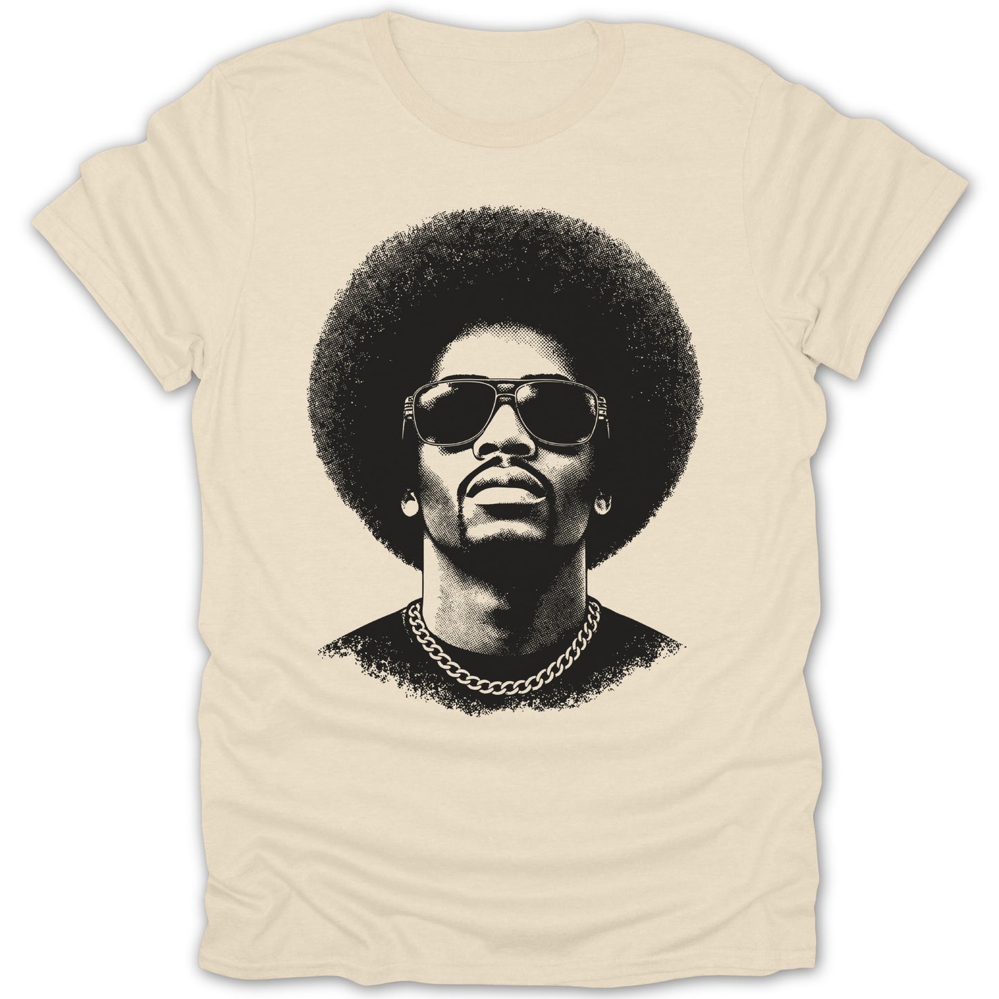Black and white graphic of a man with an afro, sunglasses, and chain on a cream t-shirt.