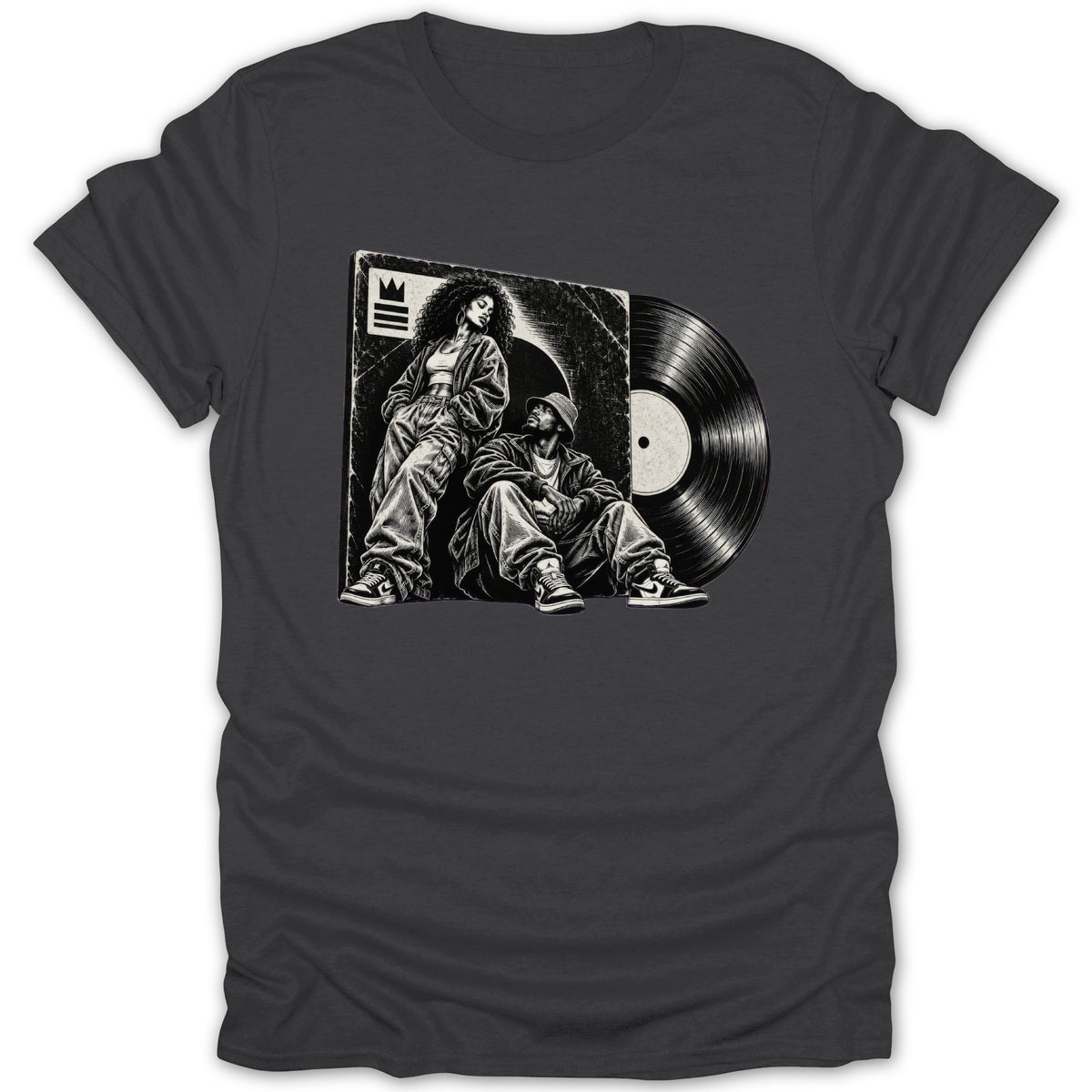 Black and white illustration of a woman and man with a vinyl record.