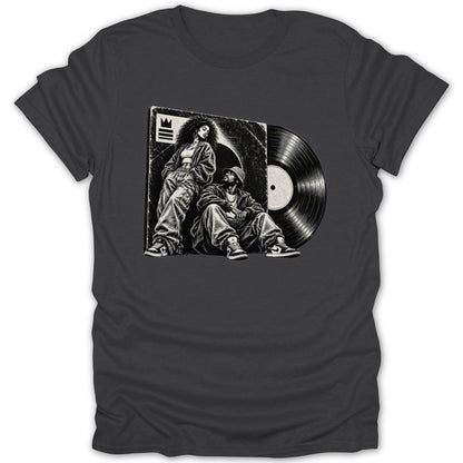 Black and white illustration of a woman and man with a vinyl record.