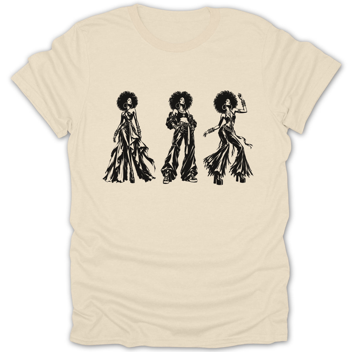 Three women with afros in retro outfits are drawn on a cream t-shirt.