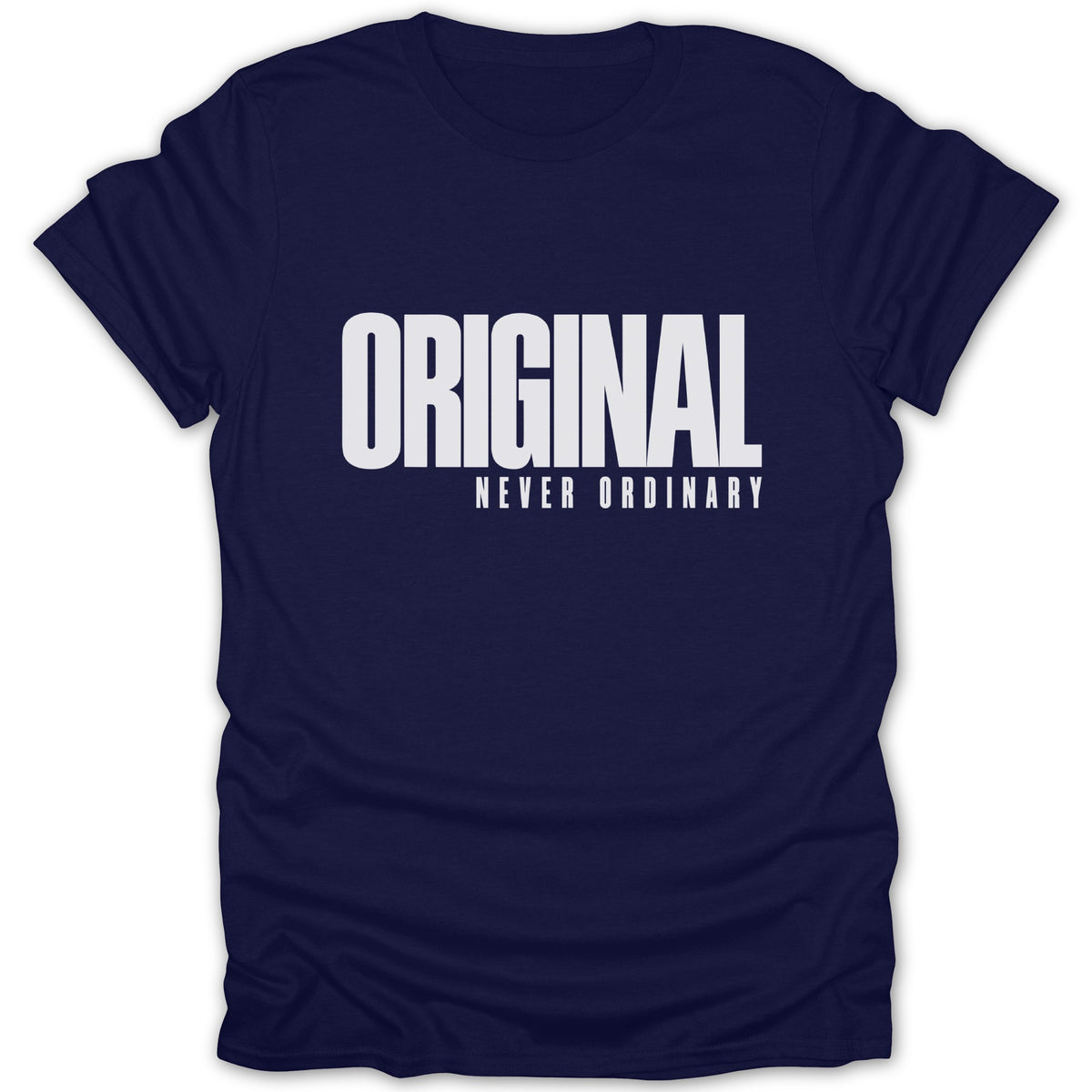 Navy t-shirt with white text reading "ORIGINAL NEVER ORDINARY".