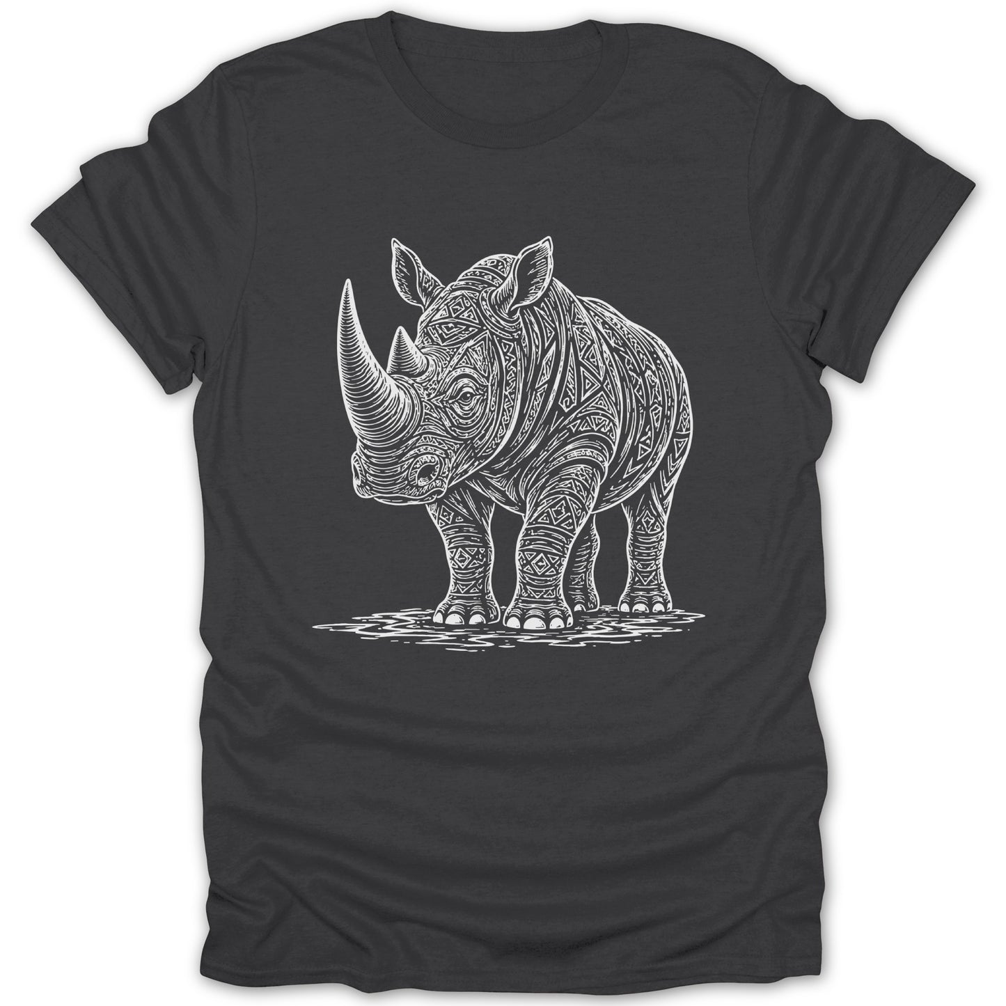 T-shirt with white line art of a patterned rhinoceros standing on wavy lines.