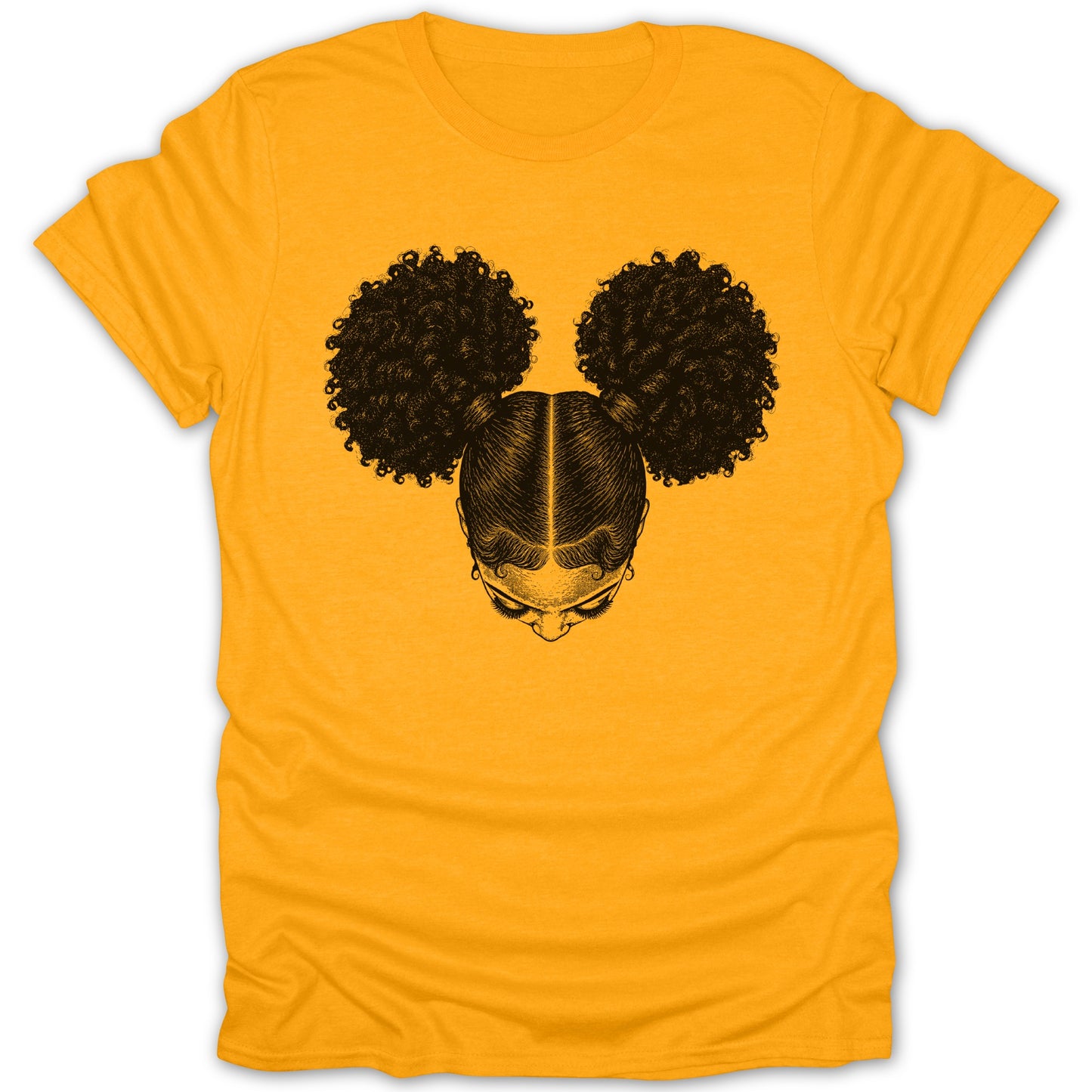 Yellow t-shirt with a black sketch of a woman's head with afro puffs.