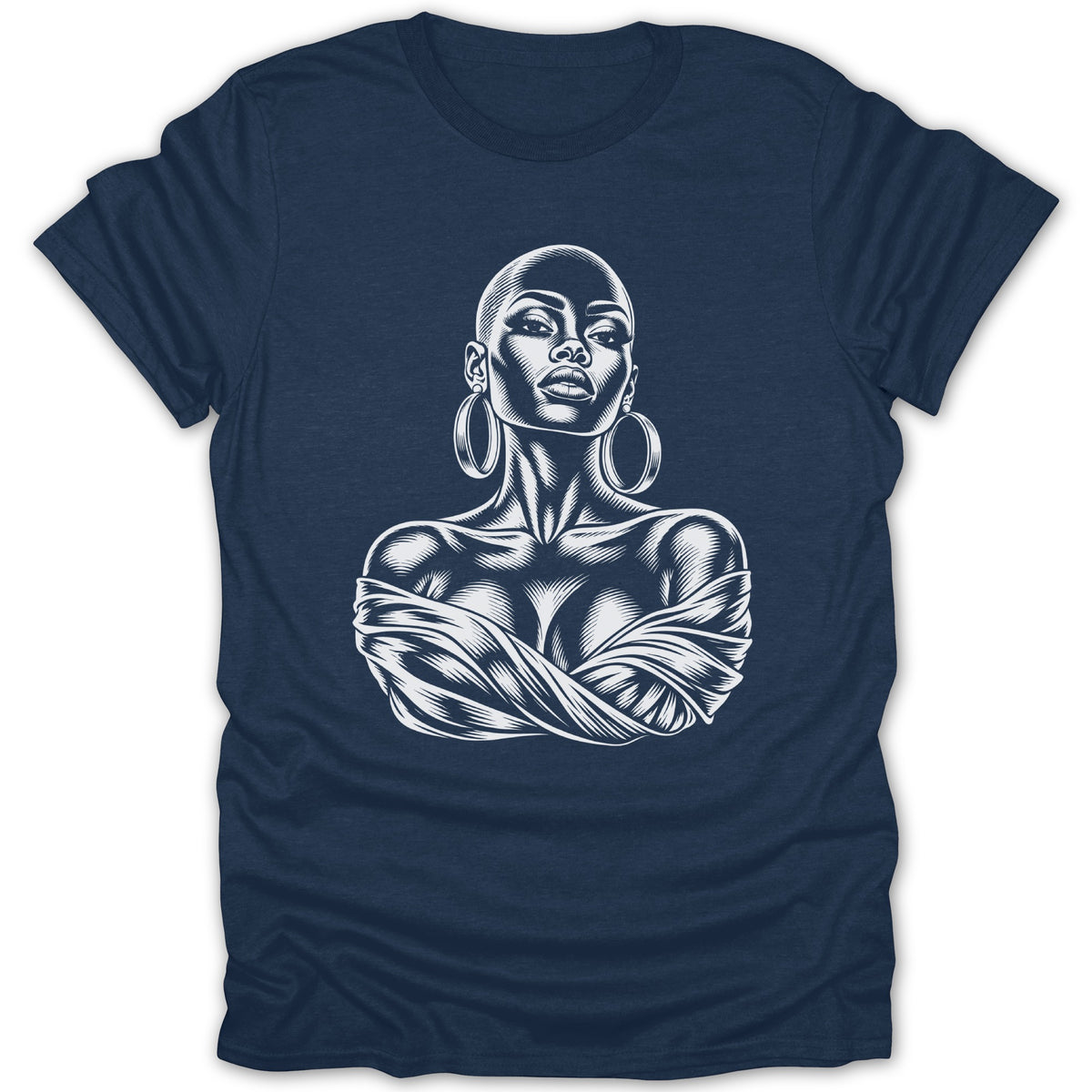 White linework illustration of a bald woman with large hoop earrings on a navy t-shirt.