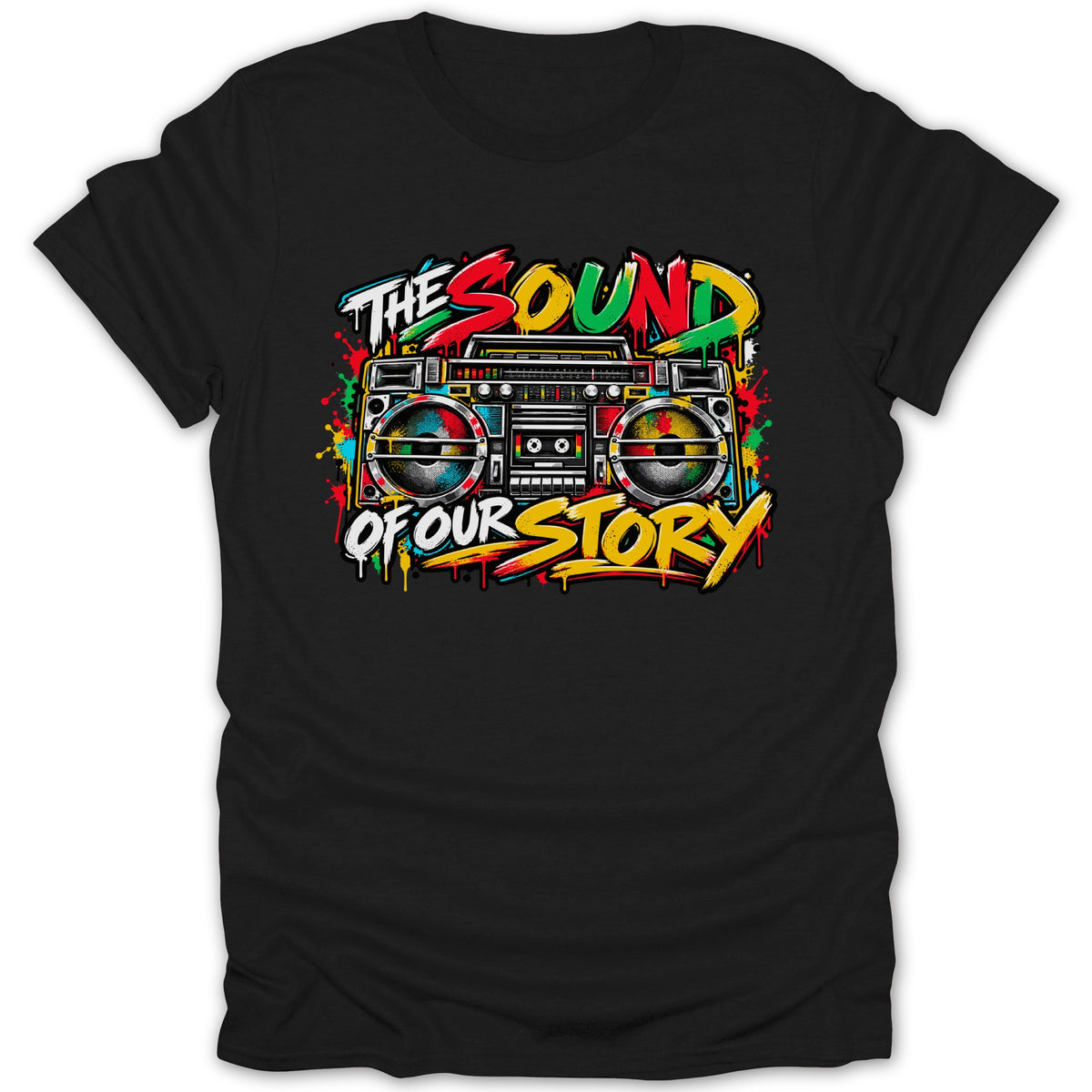 Graphic t-shirt with a colorful boombox and text "THE SOUND OF OUR STORY".