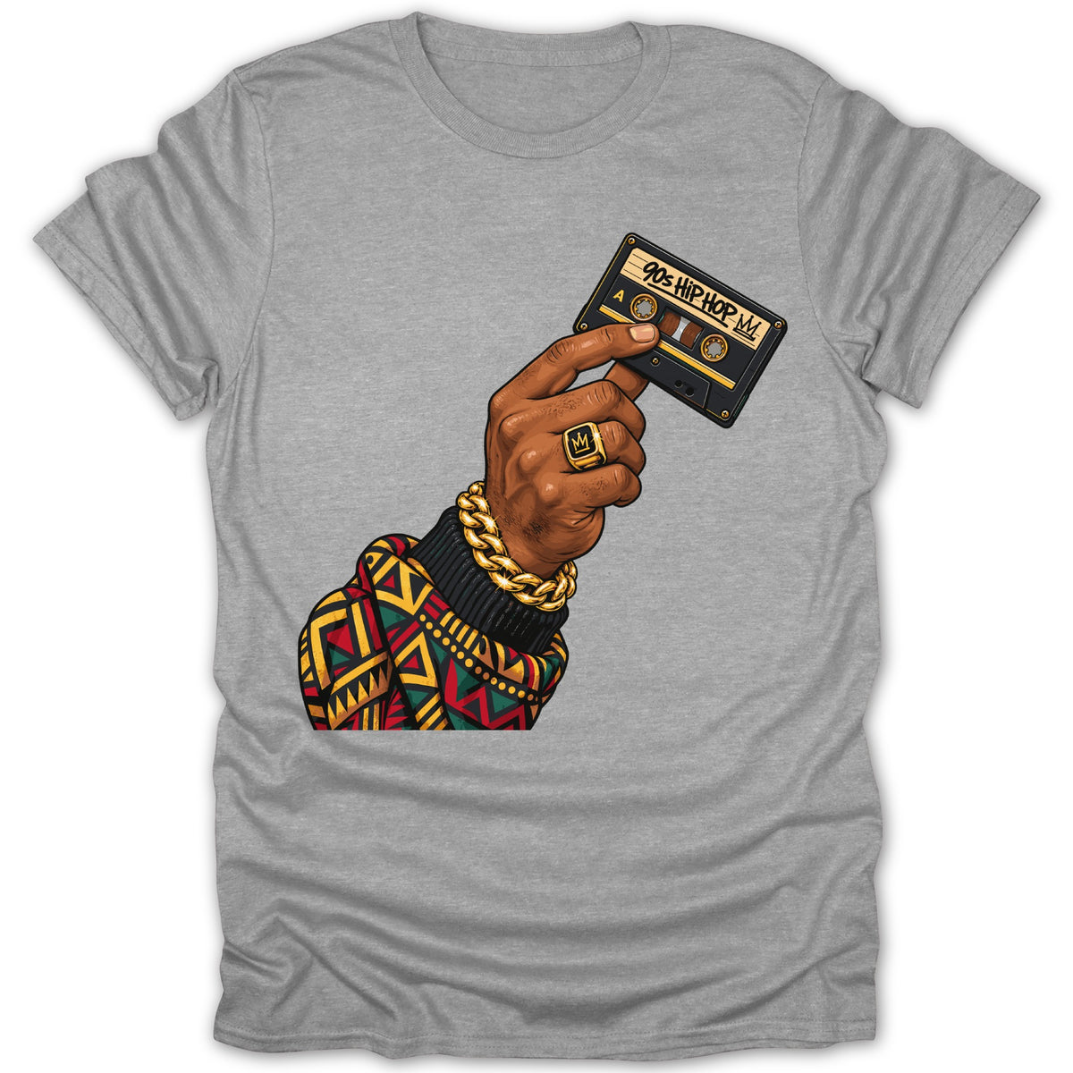 Hand holding 90s hip hop cassette tape with gold chain and ring.