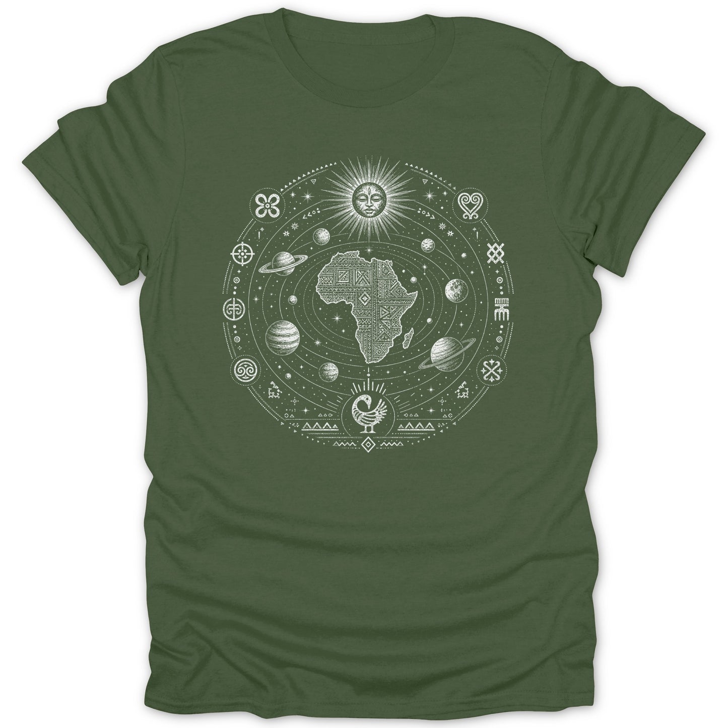 Green t-shirt with a white circular graphic featuring the continent of Africa, planets, and sun.