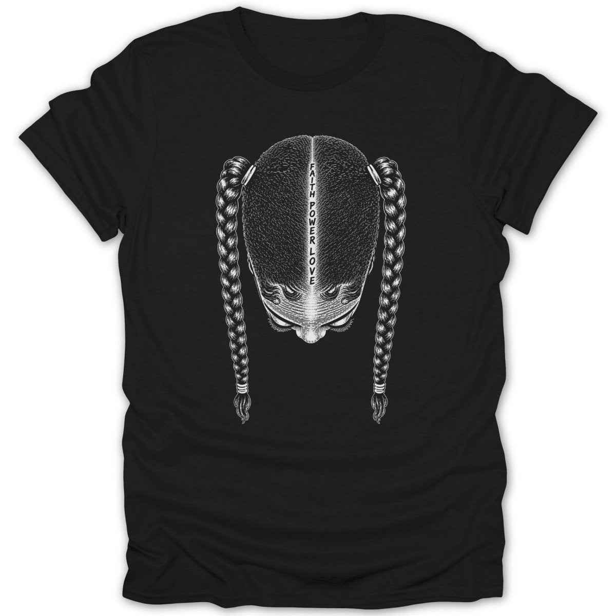 Black t-shirt with a white graphic of a person's head with braided pigtails.