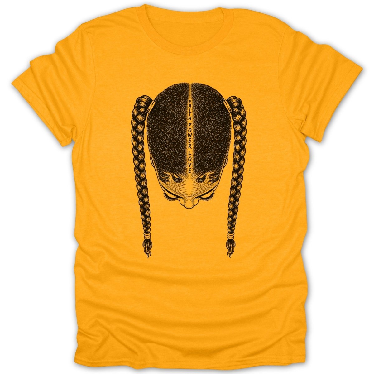 Yellow t-shirt with black graphic of a person's head with braids and text.
