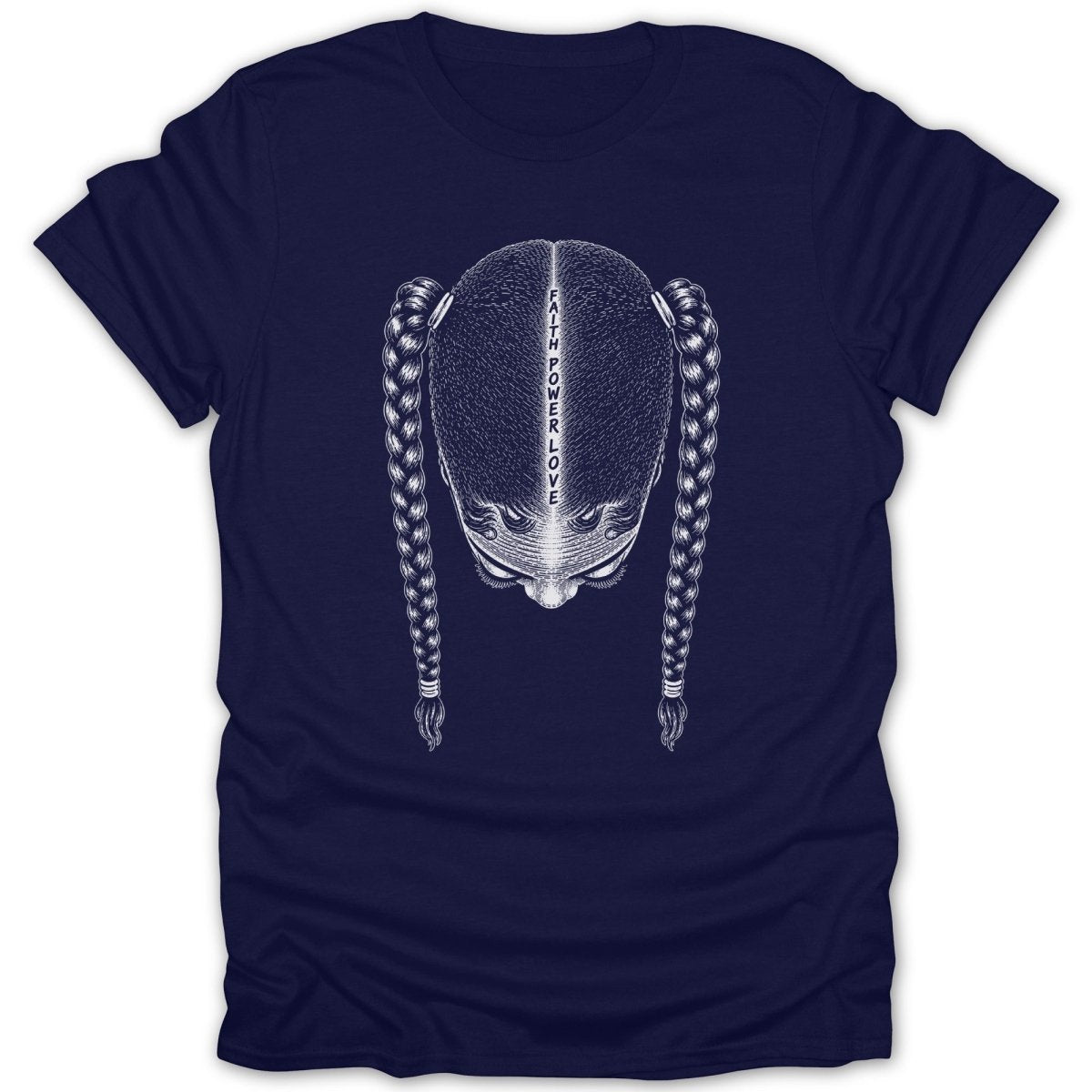 Navy t-shirt with illustration of a head with braided pigtails and "FAITH POWER LOVE" text.