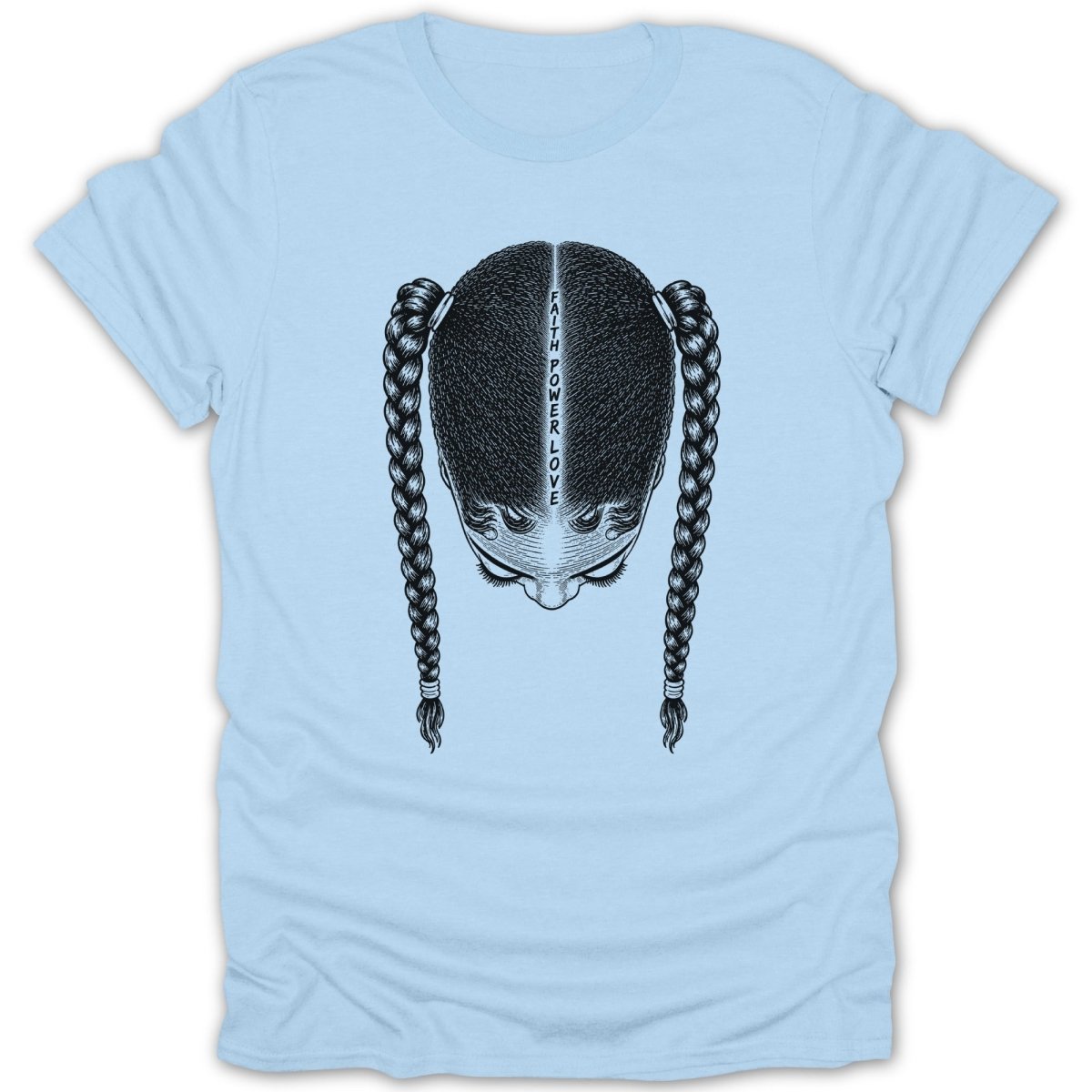 Light blue t-shirt featuring a black and white graphic of a person's head with braided hair.