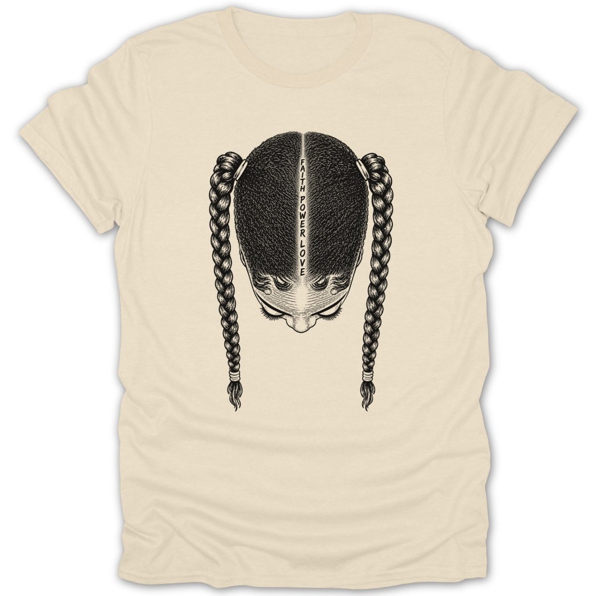 T-shirt with a graphic of a head with braided pigtails, text reads "FAITH POWER LOVE".