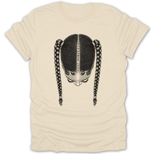 T-shirt with a graphic of a head with braided pigtails, text reads "FAITH POWER LOVE".
