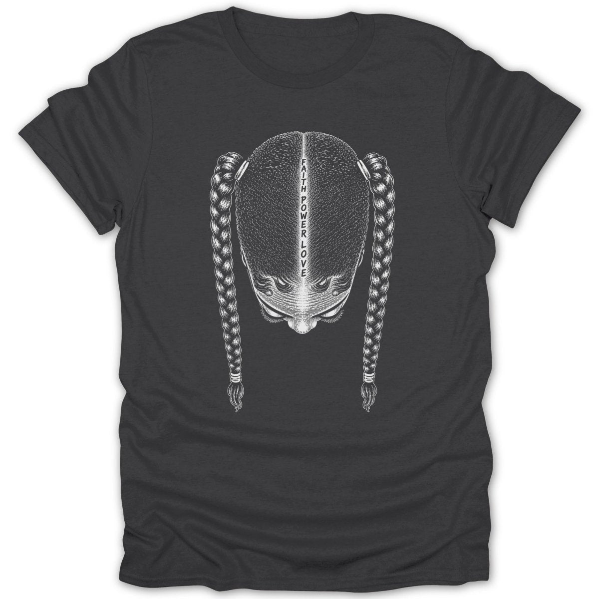 Black t-shirt with a sketch of a woman's head with braided pigtails and text.