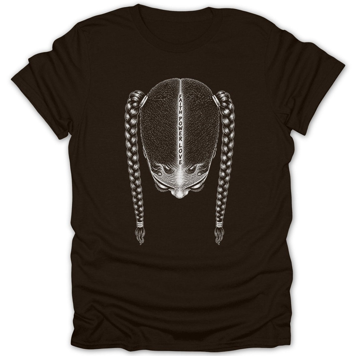 Dark t-shirt with white line drawing of a person's head with braids and text.