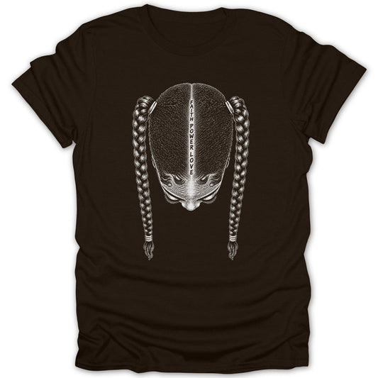 Dark t-shirt with white line drawing of a person's head with braids and text.