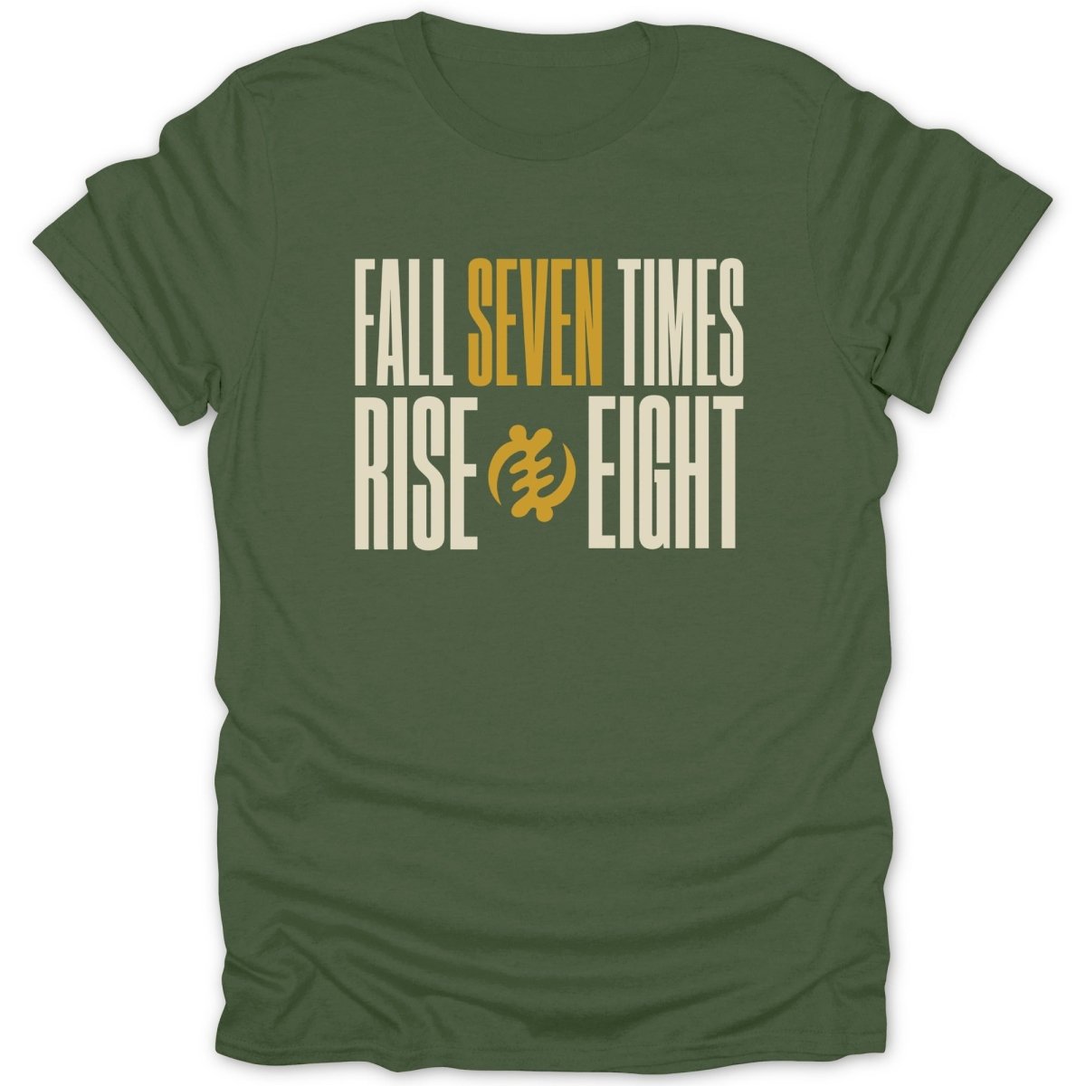 Green t-shirt with "Fall Seven Times Rise Eight" and Adinkra symbol