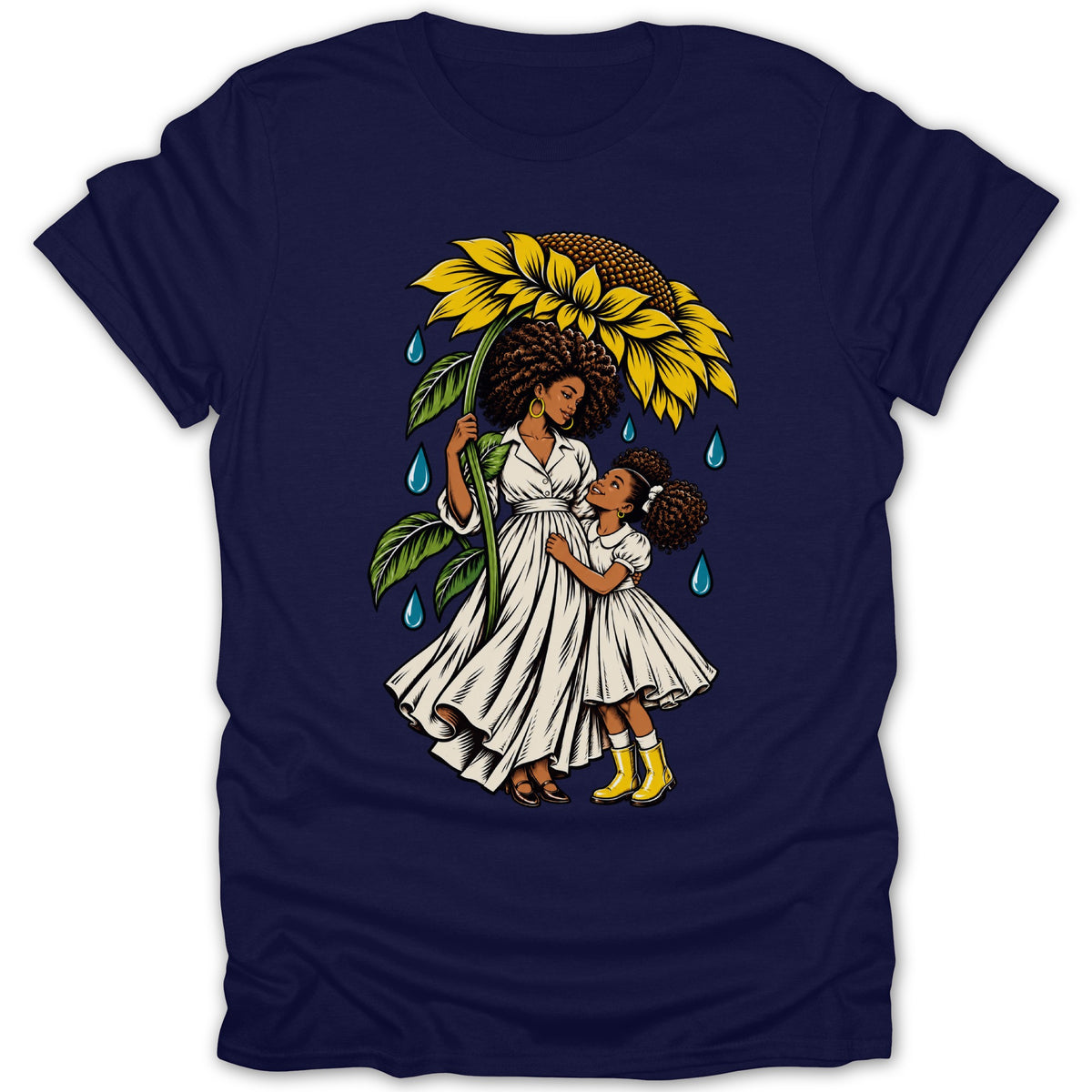 Mother and daughter share a sunflower umbrella in the rain.