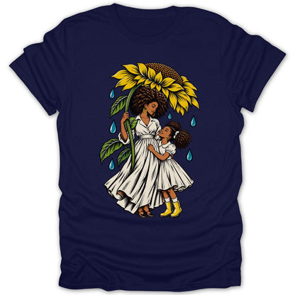 Mother and daughter share a sunflower umbrella in the rain.