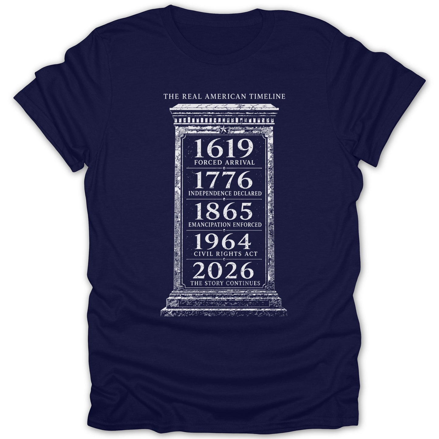 Navy t-shirt with "The Real American Timeline" and key historical dates and events.