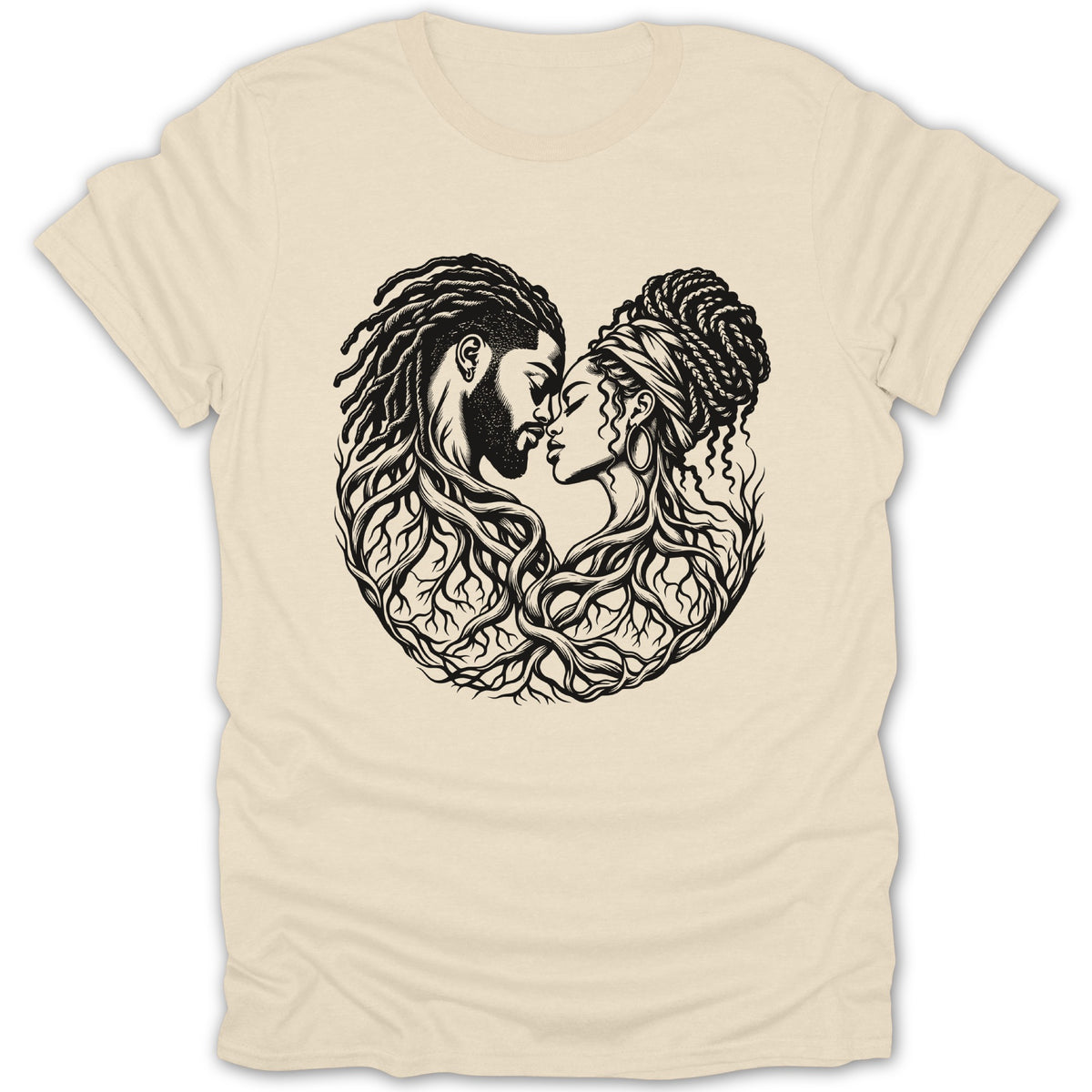 Black line art of a couple's faces merging with tree roots on a cream t-shirt.
