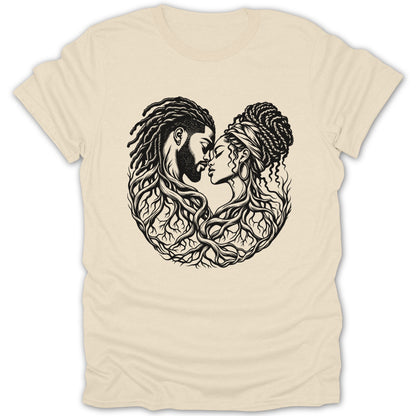 Black line art of a couple's faces merging with tree roots on a cream t-shirt.
