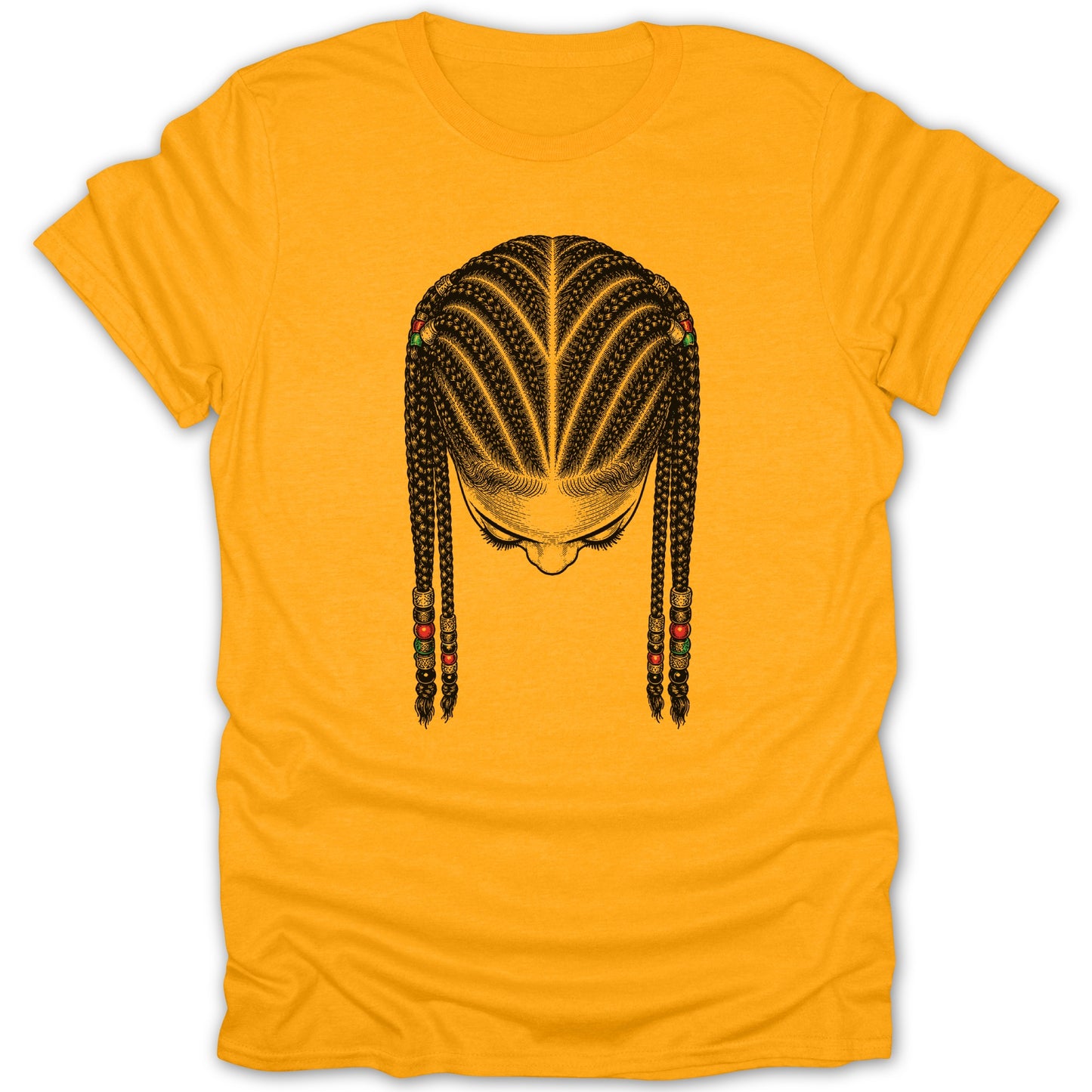 Yellow t-shirt with a black ink drawing of a woman's braided hairstyle with beads.
