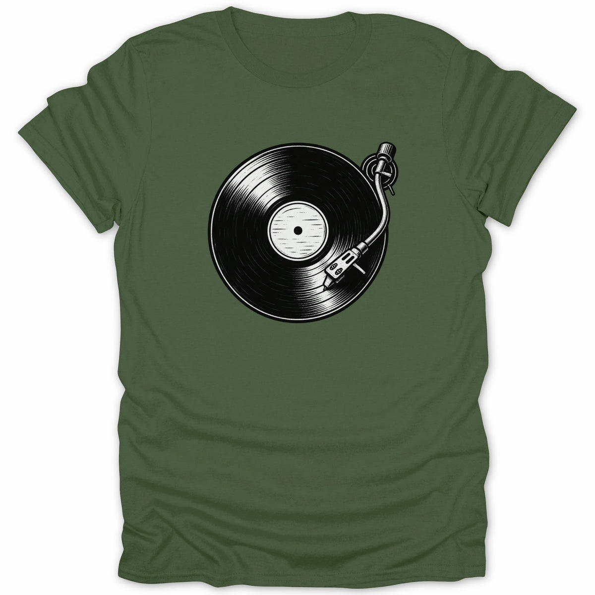 Green t-shirt with a black and white graphic of a turntable and vinyl record.