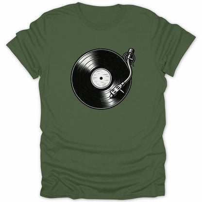 Green t-shirt with a black and white graphic of a turntable and vinyl record.