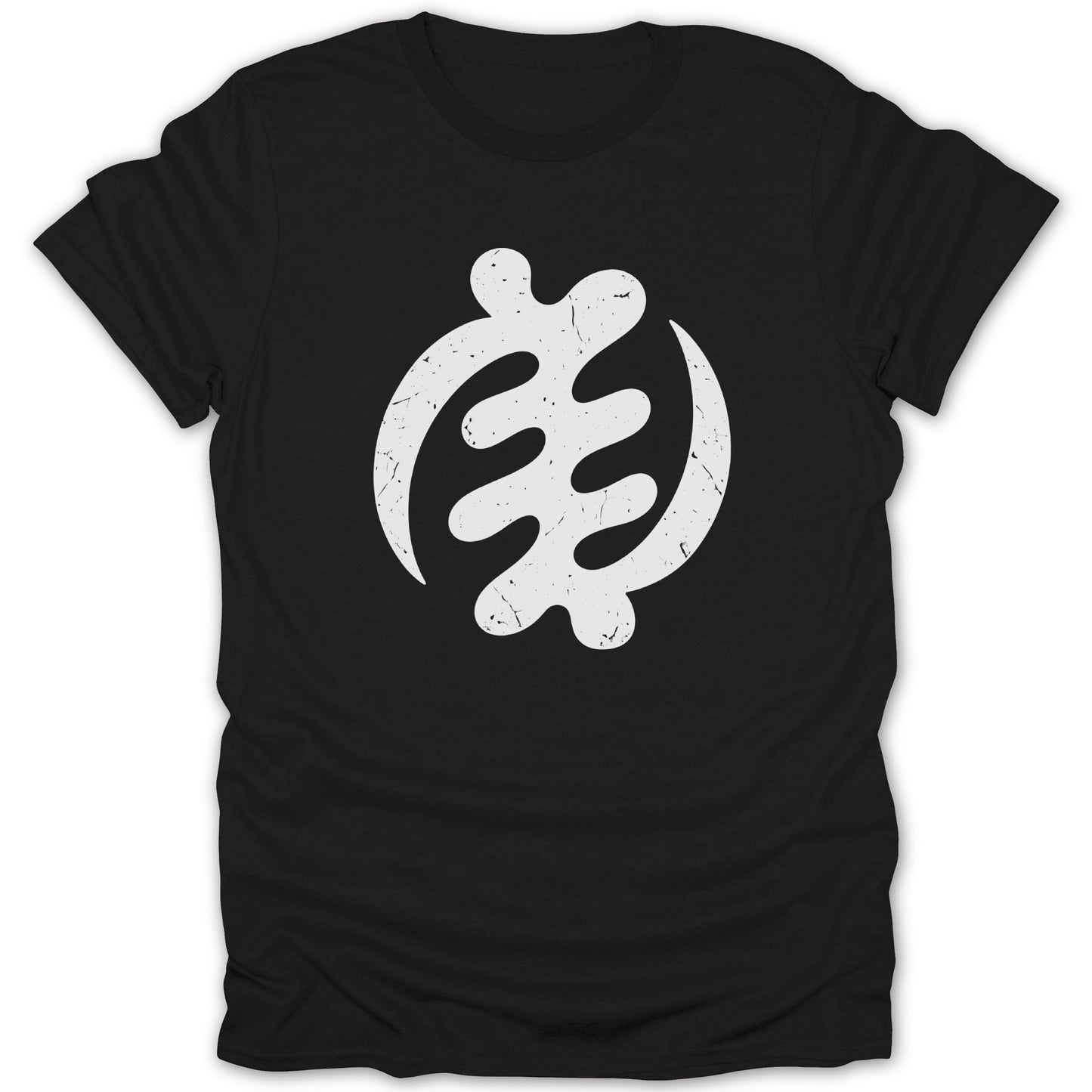 Black t-shirt with a distressed white Gye Nyame Adinkra symbol.