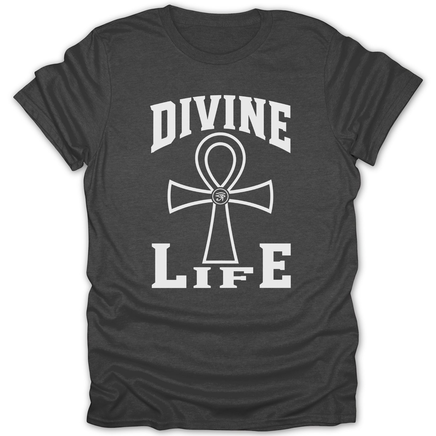 Dark grey t-shirt with white "DIVINE LIFE" text and an ankh symbol.