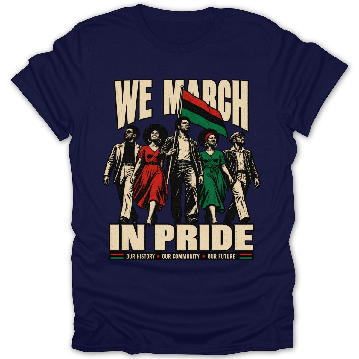 T-shirt with "We March in Pride" text and illustration of people holding a flag.