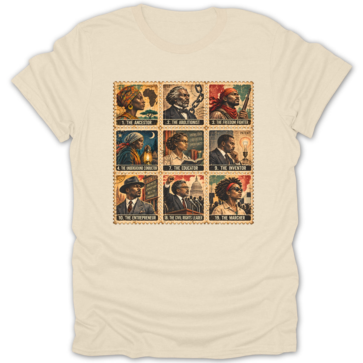 T-shirt graphic of nine postage stamps honoring Black historical figures and their achievements.